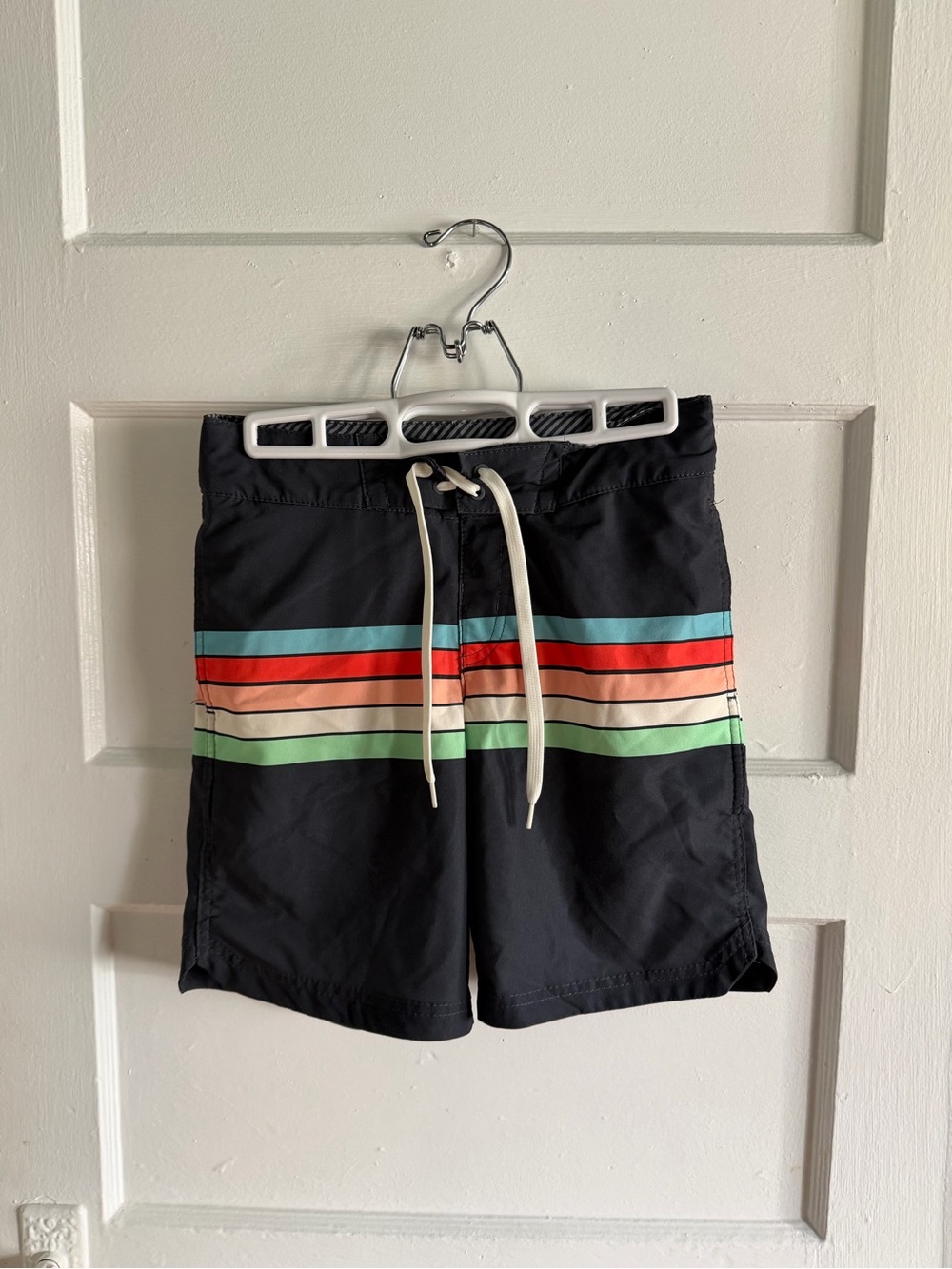 Mesh Lined draw string swim trunk with Black and Gray Stripes